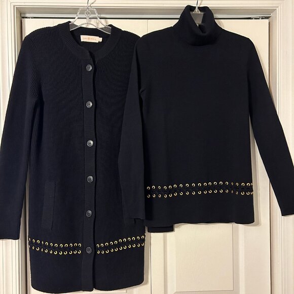 TORY BURCH Harley Sz XS S Navy Blue 100% Wool Turtleneck Long Sweater Coat Set
